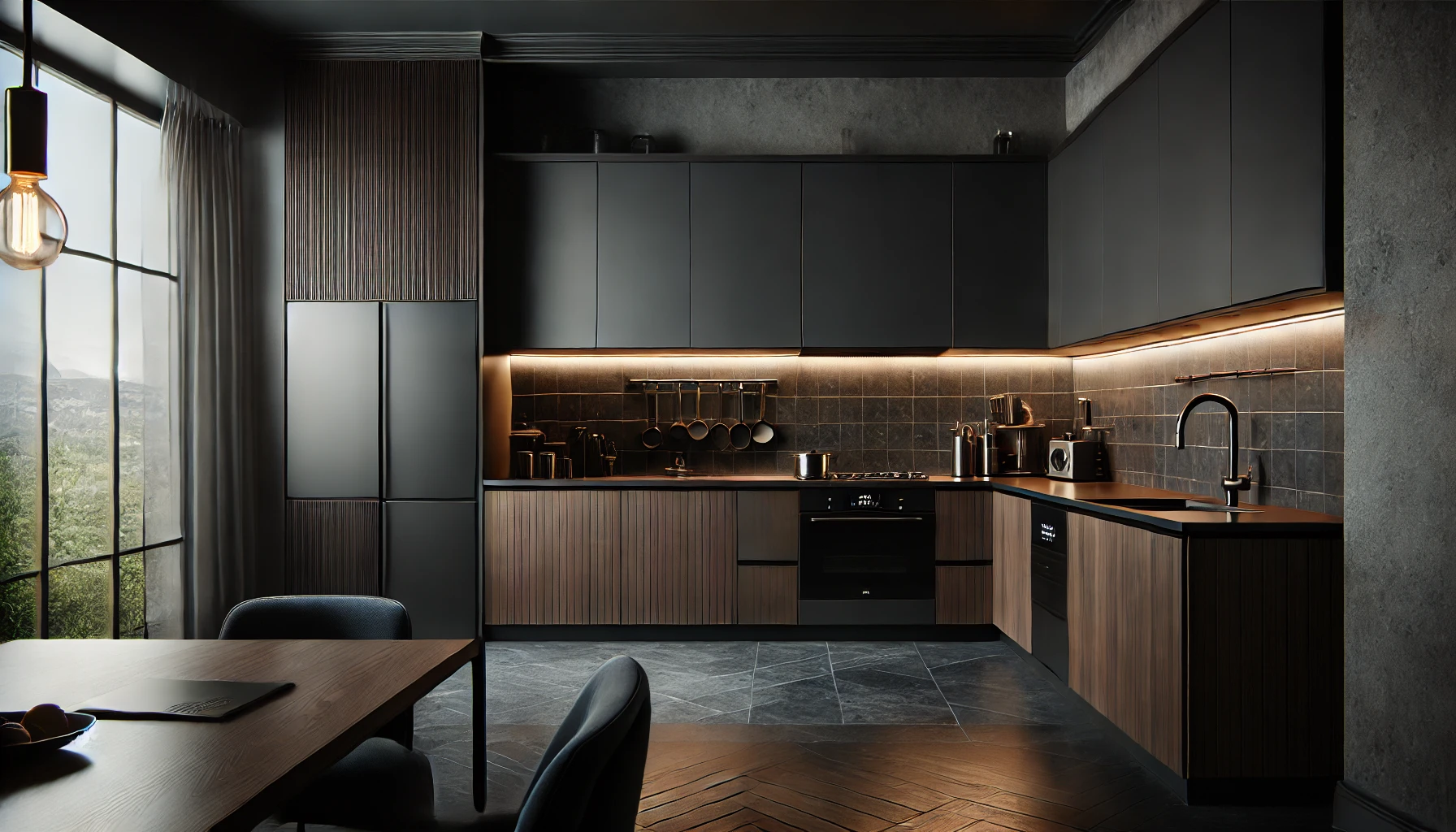 cuisine moderne aux tons sombres et élégants et au design sophistiqué